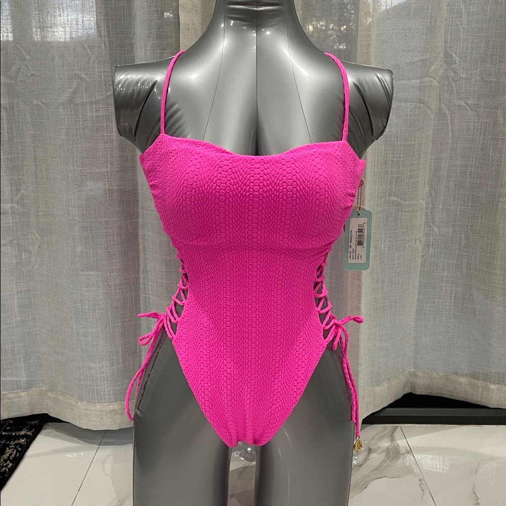 Luli Fama Jelly Beans Hot Pink Textured Lace-Up One-Piece Swimsuit